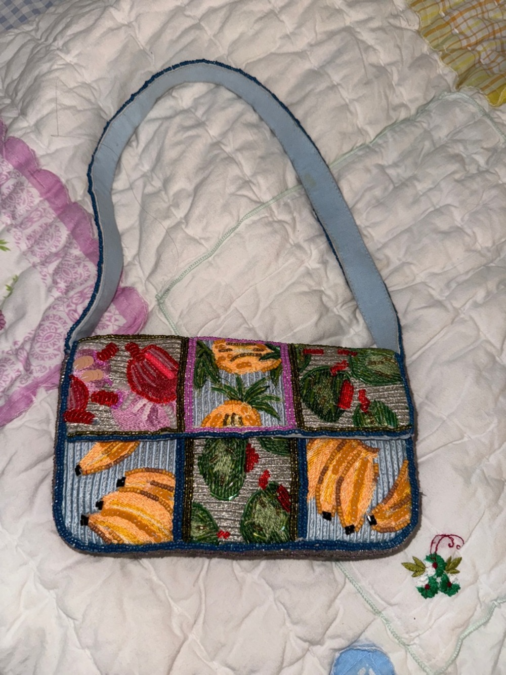 Anthropologie Beaded Fruit Patchwork Shoulder Bag - Blue, Yellow, Green, Red